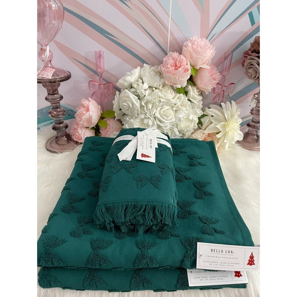 Bella Lux Hand & Bath Towels Set Christmas Collection Green Bows Set of 4